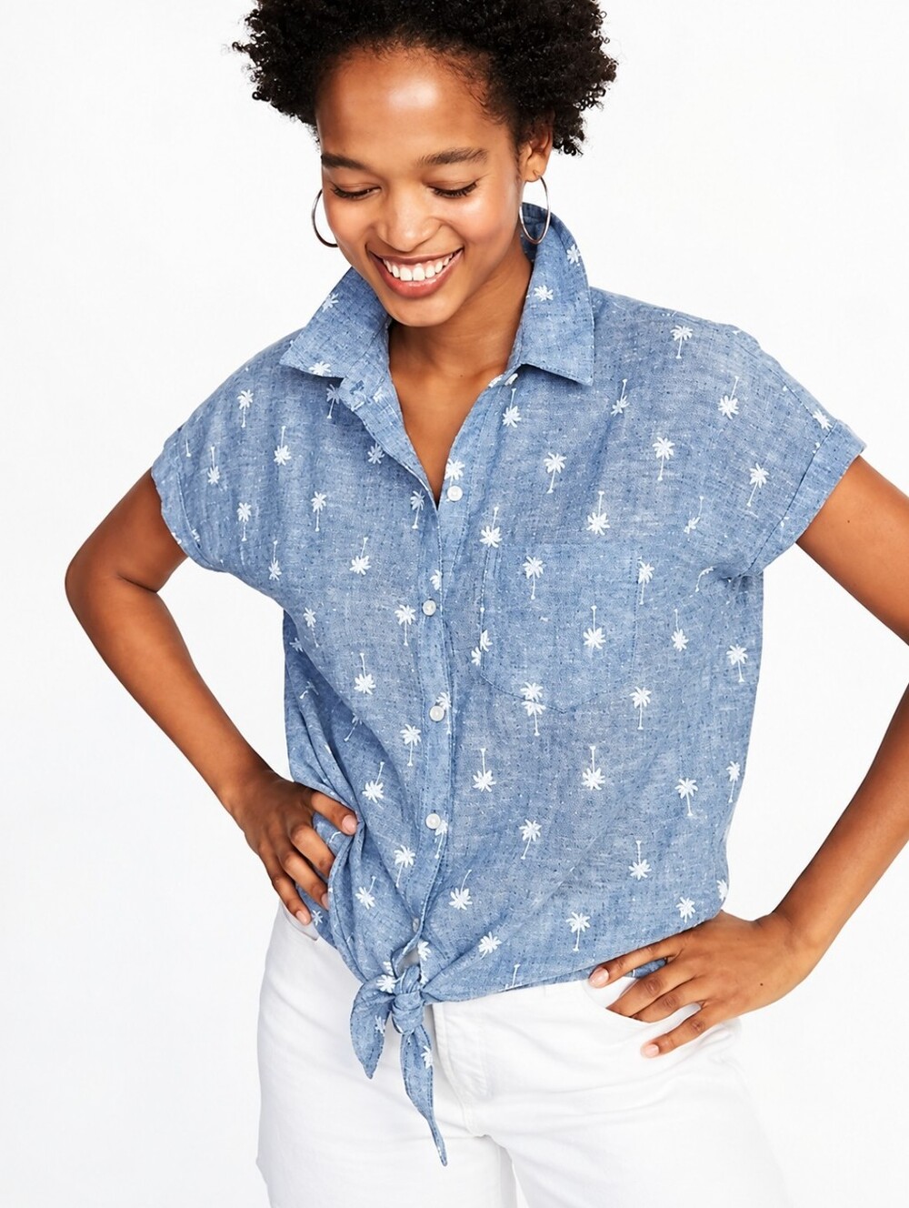 Old Navy | Blue Linen Palm Tree Print Button Up Top